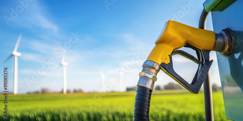 Closeup of sustainable aviation fuel pump with copy space, green field and windmills in background. Green Energy photo