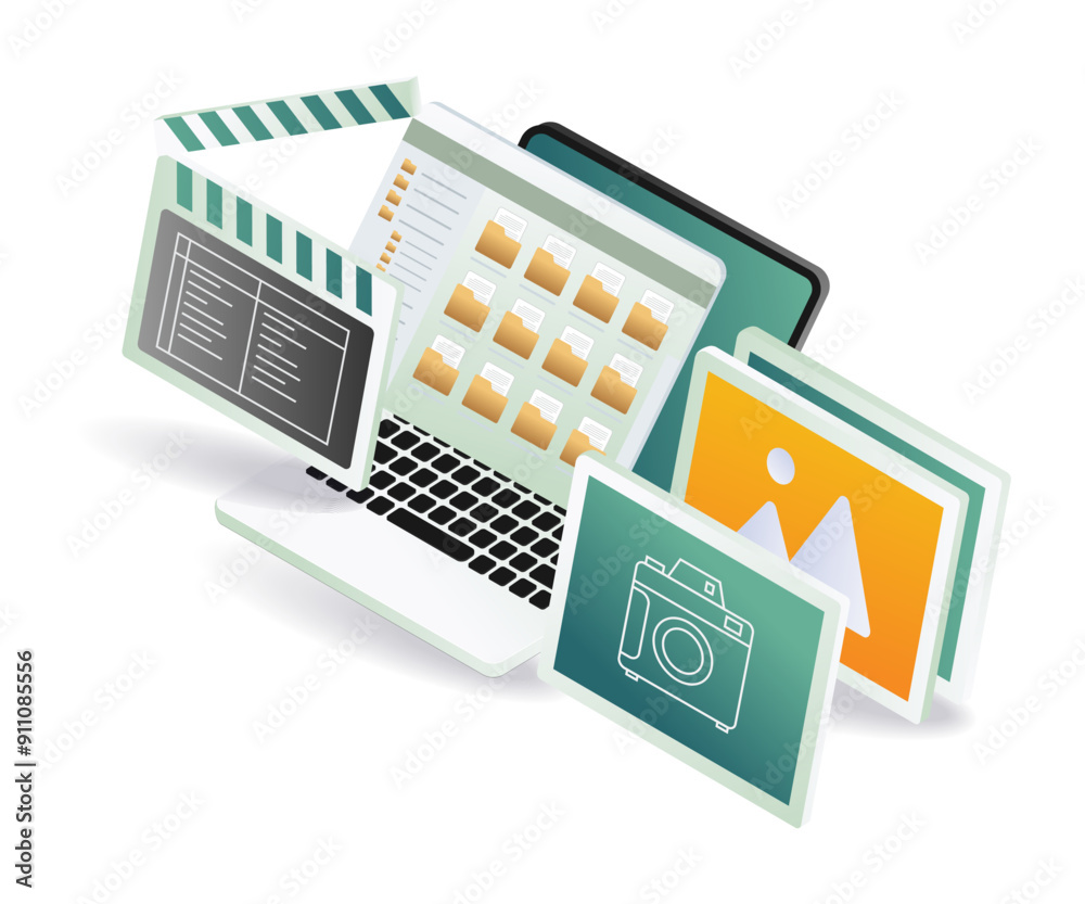 A laptop with a camera, film, and various items, alongside a folder, representing data and digital organization A laptop with a camera, film, and various items, alongside a folder, representing data and digital organization