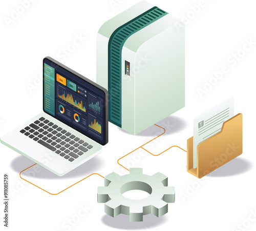 A laptop computer, file folder, and server with analytics connect server