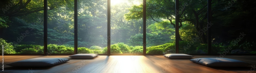 Sunlight streams through a window, illuminating a wooden floor with cushions. Lush greenery is seen outside. Sunlight streams through a window, illuminating a wooden floor with cushions. Lush greenery is seen outside.