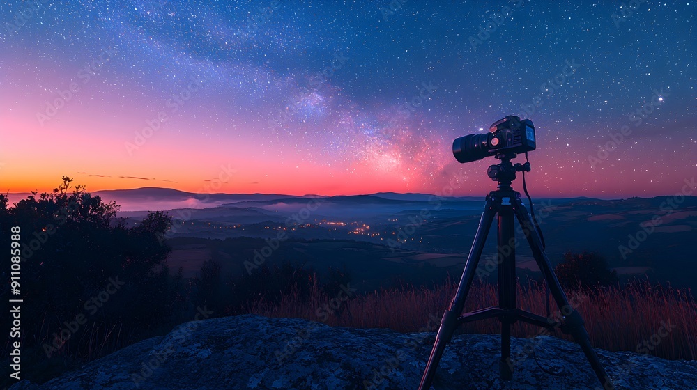 Nighttime scene with a camera tripod set up to capture a panoramic view. Nighttime scene with a camera tripod set up to capture a panoramic view.