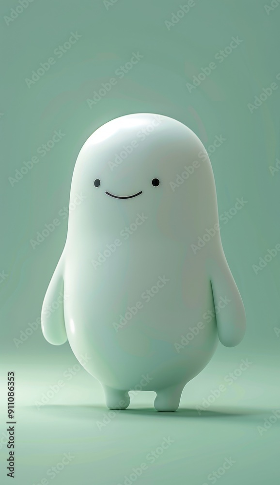Cute cartoon white chubby little figure with a happy face on a green background