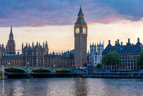 Houses of Parliament with Big Ben tower and Westminster bridge at sunset, London, UK