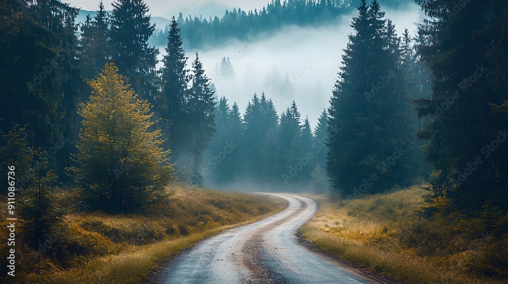 Winding road through a forest in the mist. Winding road through a forest in the mist.