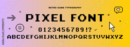 Font set in pixel art. Pixel alphabet letters and number pack. Mood of 90's aesthetics. 8-bit retro style vector typeface for headline or title design, poster, game, website, print, card