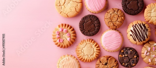 A variety of cookies arranged in a frame style on a pink background with copy space image