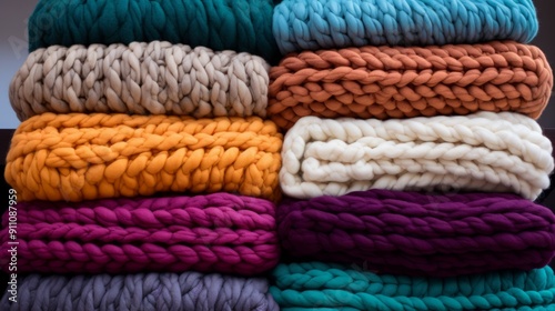 A pile of plush blankets. Knitted by hand warm blankets for cozy home yarn with loops. Neural network ai generated art