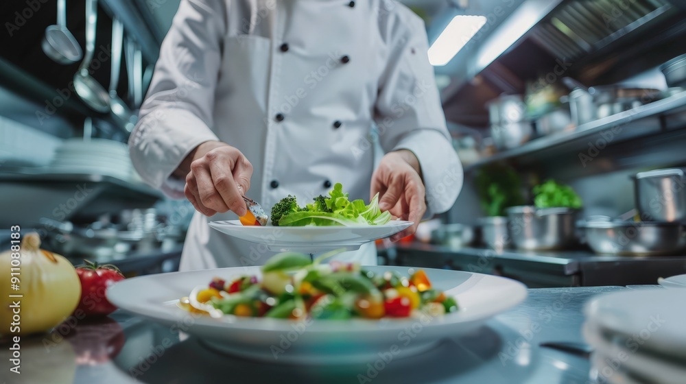 Chef Preparing a Gourmet Dish in a Professional Kitchen Chef Preparing a Gourmet Dish in a Professional Kitchen