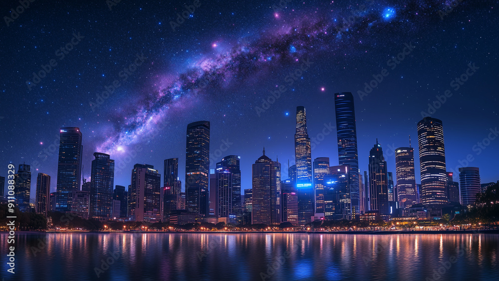 Urban Nightscape Under the Milky Way