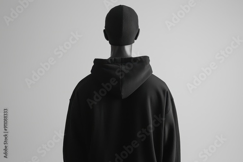 Back view of a black hoodie, isoalted against a clean, light-colored background, emphasizing simplicity.