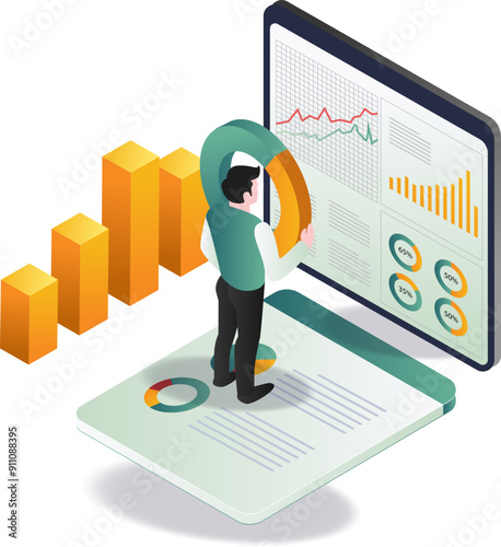 A man analyzing data on a tablet, presenting graphs to an audience