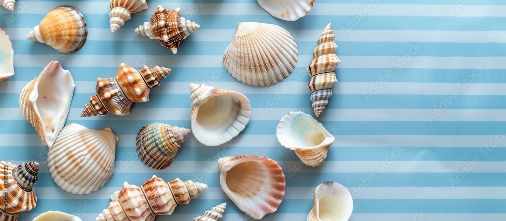 Top view of various seashells on a blue striped background with copy space image Top view of various seashells on a blue striped background with copy space image