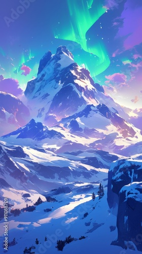 Enchanting Arctic Winter Wonderland: Anime-Style Christmas Illustration with Snowy Mountains and Aurora Borealis. Dreamy Cartoon Landscape for Festive Wallpapers, Game Backgrounds, and Holiday Marketi photo