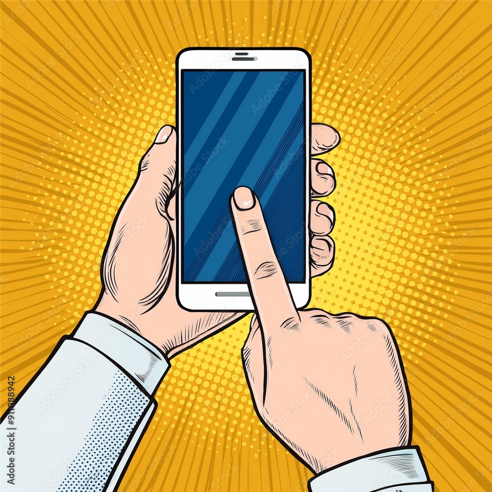 Smart phone gadget in hands comic book pop art retro style vector illustration