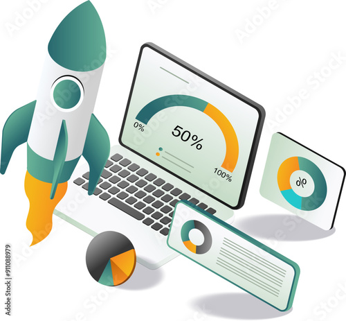 A laptop with a rocket on top and a graph, symbolizing growth and success in business