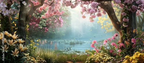 Blooming garden flowers including Simpor tree blossoms create a picturesque scene with a copy space image available photo