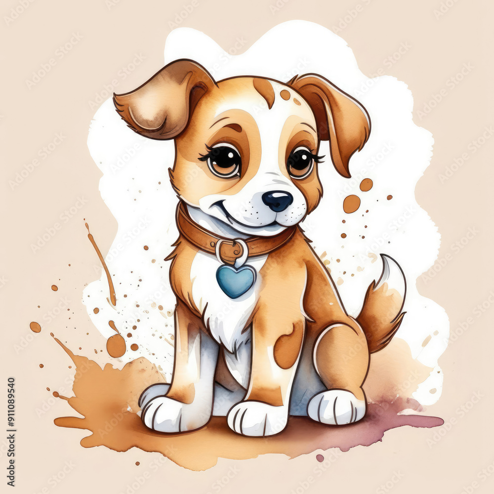 Fototapeta premium Little Brown Puppy Watercolor Illustration