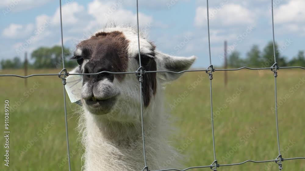 Head of a llama in a pen close up, the llama came close to the fence