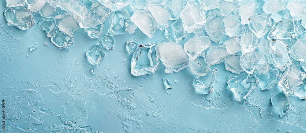 Top view of crushed ice on a light blue background with ample copy space image Top view of crushed ice on a light blue background with ample copy space image