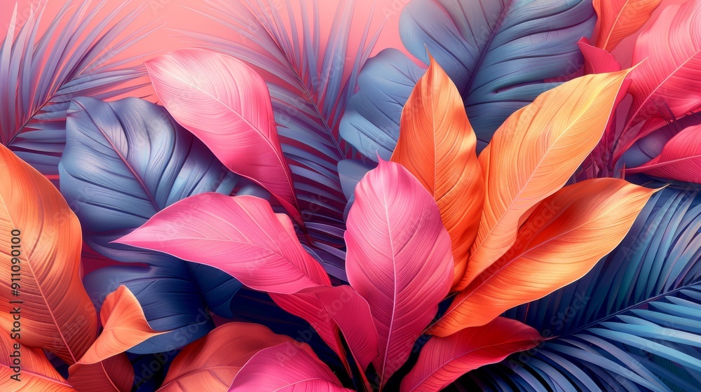 custom made wallpaper toronto digitalTropical luxury exotic illustration featuring pastel colorful banana leaves and palm fronds.
