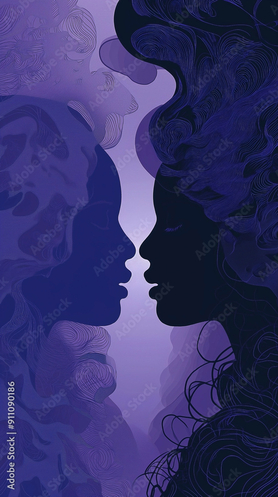 Silhouette of a double heads against a purple background. Portraits of different women in profile Silhouette of a double heads against a purple background. Portraits of different women in profile