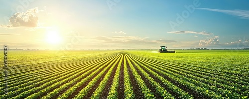 Sunrise over a vast field of green crops, with a tractor in the distance.