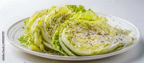 Close up of sliced cabbage on a white plate with an isolated white background for a copy space image Showing fresh vegetable prepared salad and the benefits of this healthy food photo