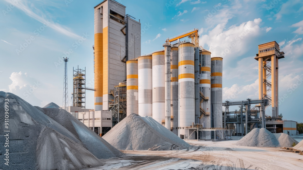 Obraz premium modern cement factory with white and yellow color, large piles of gray sand next to it