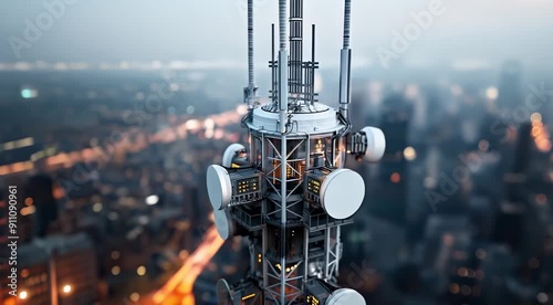 A detailed view of a modern 5G tower with multiple antennas and electronic components against a blurry urban background.