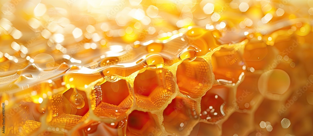 An image of a honeycomb with a honey texture is displayed showcasing a section of wax honeycomb filled with Golden honey creating a natural food background with copy space image An image of a honeycomb with a honey texture is displayed showcasing a section of wax honeycomb filled with Golden honey creating a natural food background with copy space image