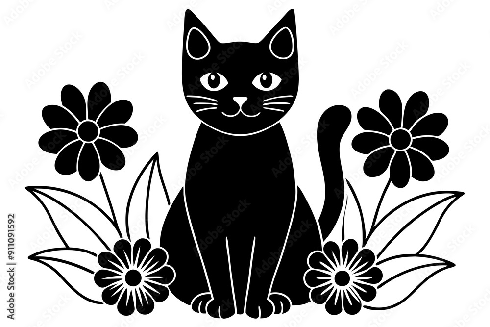 Cat in the Flower Garden Vector Silhouette Cat in the Flower Garden Vector Silhouette
