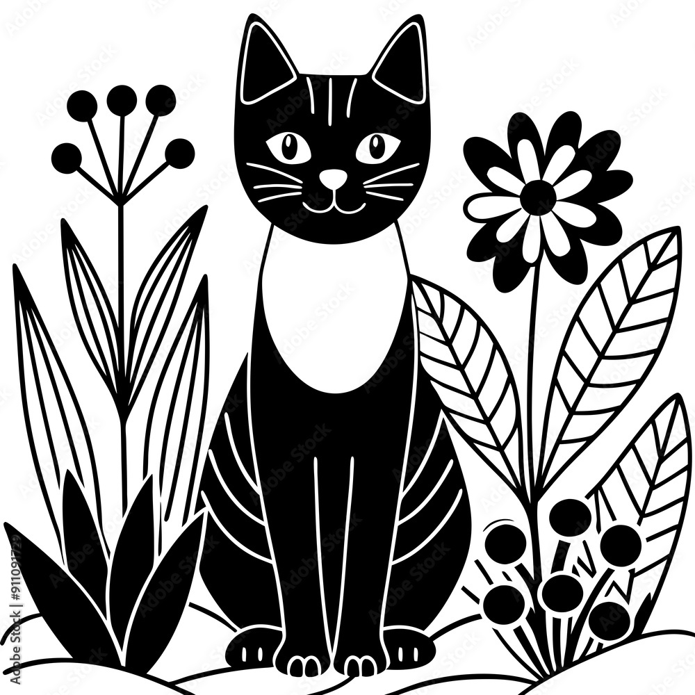 Cat in the Flower Garden Vector Silhouette Cat in the Flower Garden Vector Silhouette