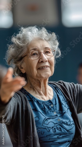 An elderly woman joyfully engages in a dance class, smiling widely in a vibrant community space