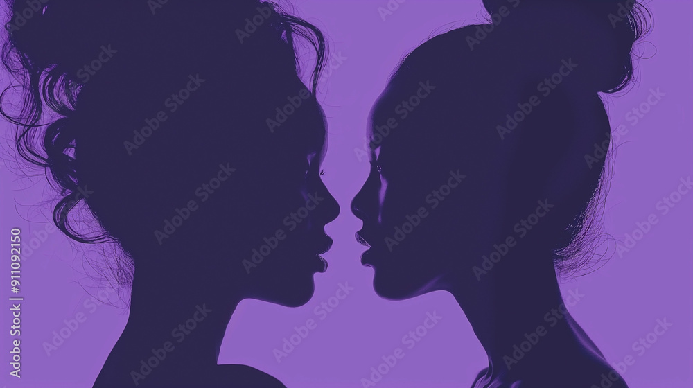 Silhouette of a double heads against a purple background. Portraits of different women in profile
