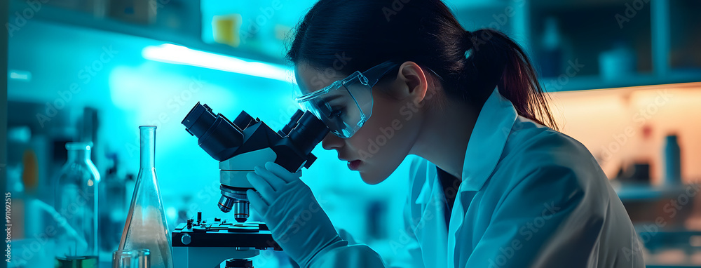 Female Scientist in Protective Gear Using a Microscope