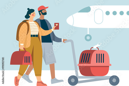 Traveling with Pets by the airplane. Young couple with  pet carriers is ready for flight. Flat vector.