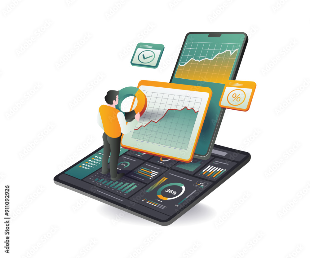 A man stands on a tablet, analyzing dashboard data with a laptop and phone in hand A man stands on a tablet, analyzing dashboard data with a laptop and phone in hand