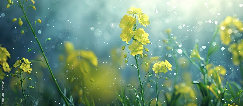 In the garden during the rainy season bright yellow canola rapeseed flowers are in full bloom creating a picturesque scene with a copy space image In the garden during the rainy season bright yellow canola rapeseed flowers are in full bloom creating a picturesque scene with a copy space image