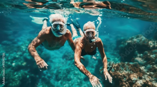 An elderly couple smiles while snorkeling together, exploring a colorful underwater coral reef