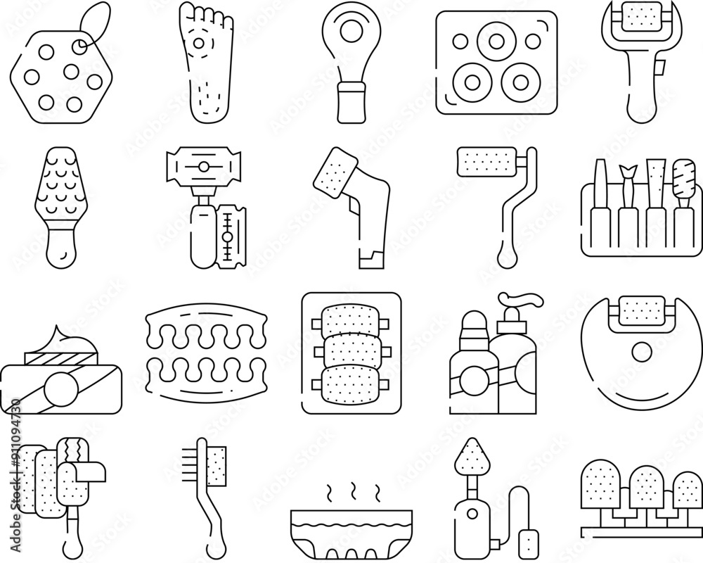 Callus Remover Tool Collection Icons Set Vector. Callus Remover And Adhesive Plaster Accessories For Treatment Foot And Fingers Black Contour Illustrations Callus Remover Tool Collection Icons Set Vector. Callus Remover And Adhesive Plaster Accessories For Treatment Foot And Fingers Black Contour Illustrations