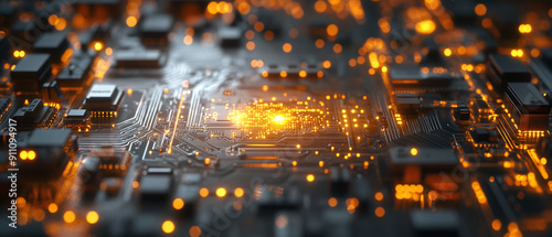 Graphic image of an electronic circuit board in a computer with golden sparkles. Ai generate.