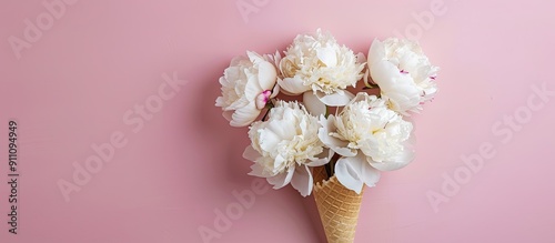 Creative spring summer floral design featuring white peony flowers in a waffle cone on a pink pastel background with available copy space image photo