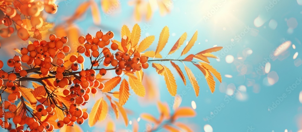 Copy space image of a sunny fall scene with vibrant orange rowan leaves against a blue sky ideal for autumn celebrations or back to school themes Copy space image of a sunny fall scene with vibrant orange rowan leaves against a blue sky ideal for autumn celebrations or back to school themes