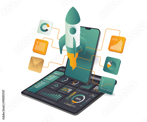 A tablet displays a rocket launching into the sky, symbolizing innovation and technological advancement