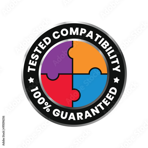 100 percent tested compatibility satisfaction guarantee label with colorful puzzle icon. vector illustration