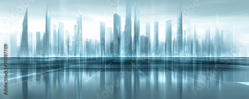 A city skyline with a large body of water in the background. The city is lit up with bright lights  giving it a futuristic and modern feel