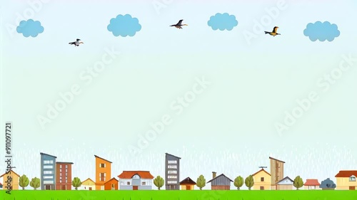 Illustration background of houses and trees and birds