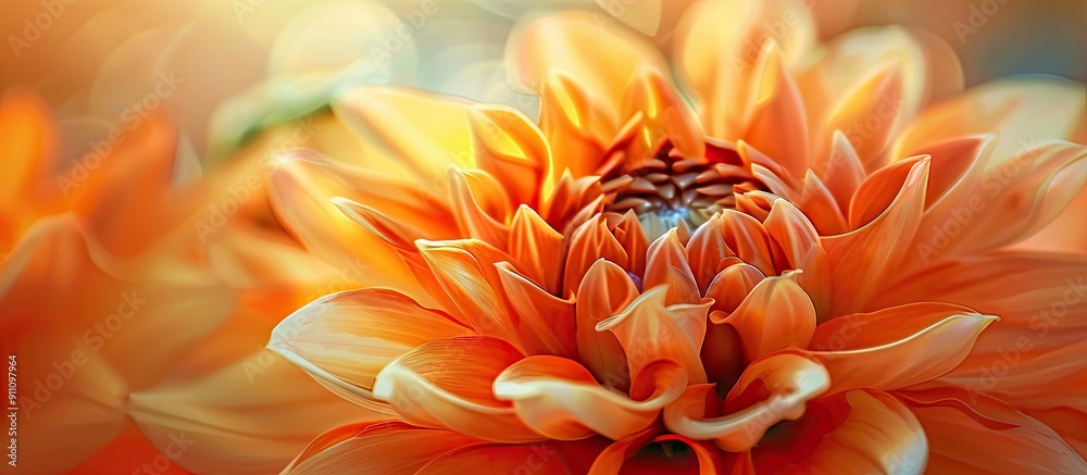 A stunning orange dahlia blooms in the garden with vibrant orange and yellow hues on the petals perfect for a copy space image A stunning orange dahlia blooms in the garden with vibrant orange and yellow hues on the petals perfect for a copy space image