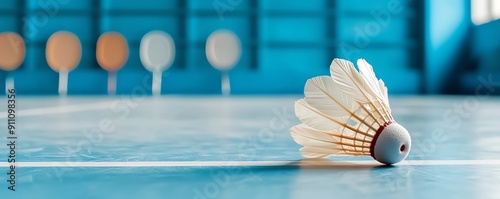 Close-up of a shuttlecock resting on a badminton court, showcasing its intricate feather structure against a vibrant blue background.