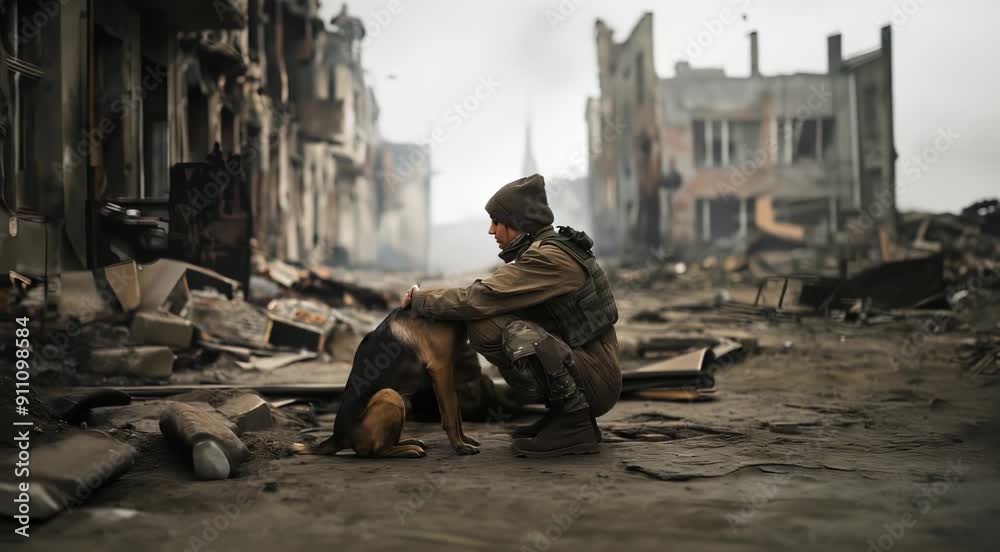 Person in military uniform comforting a dog in war-torn urban area with destroyed buildings and debris. Person in military uniform comforting a dog in war-torn urban area with destroyed buildings and debris.